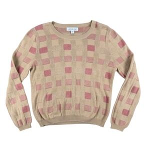 Amour Vert Sweater Womens S Beige Pink Checkered Knit L/S Crew Neck Pullover